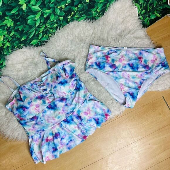 Watercolor ruffled two-piece tank and bikini set swimsuit size XL - Picture 3 of 13